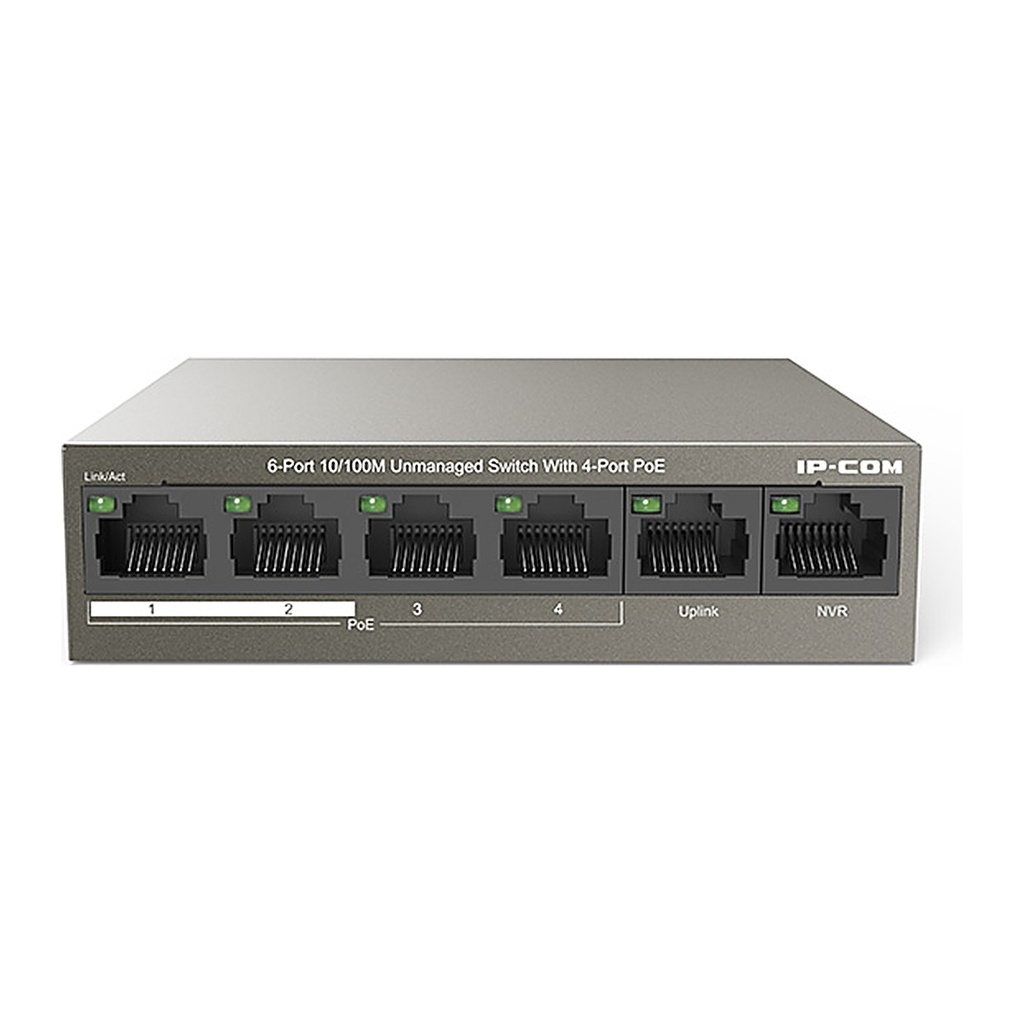 [F1106P-4-63W] IP-COM F1106P-4-63W 6-Port Fast Ethernet Desktop Switch, 4 PoE Ports, 58W PoE, 250 m Extend