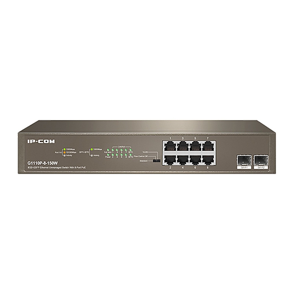 [G1110P-8-150W] IP-COM G1110P-8-150W 8-Port Gigabit PoE Unmanaged Switch, 2 SFP Uplinks, 130W PoE