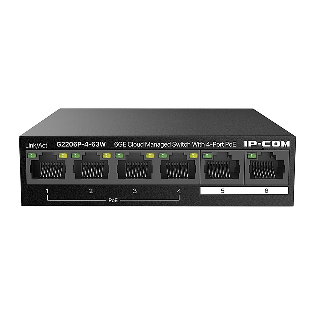 [G2206P-4-63W] IP-COM G2206P-4-63W 6-Port Gigabit Cloud Managed Desktop Switch, 4 PoE Ports, 58W PoE
