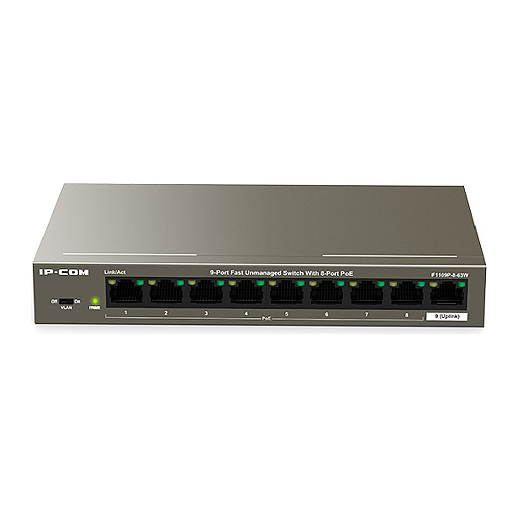 [F1109P-8-63W] IP-COM F1109P-8-63W 9-Port 10/100 Desktop Switch, 8 PoE Ports, 58W PoE, 250 m Extend