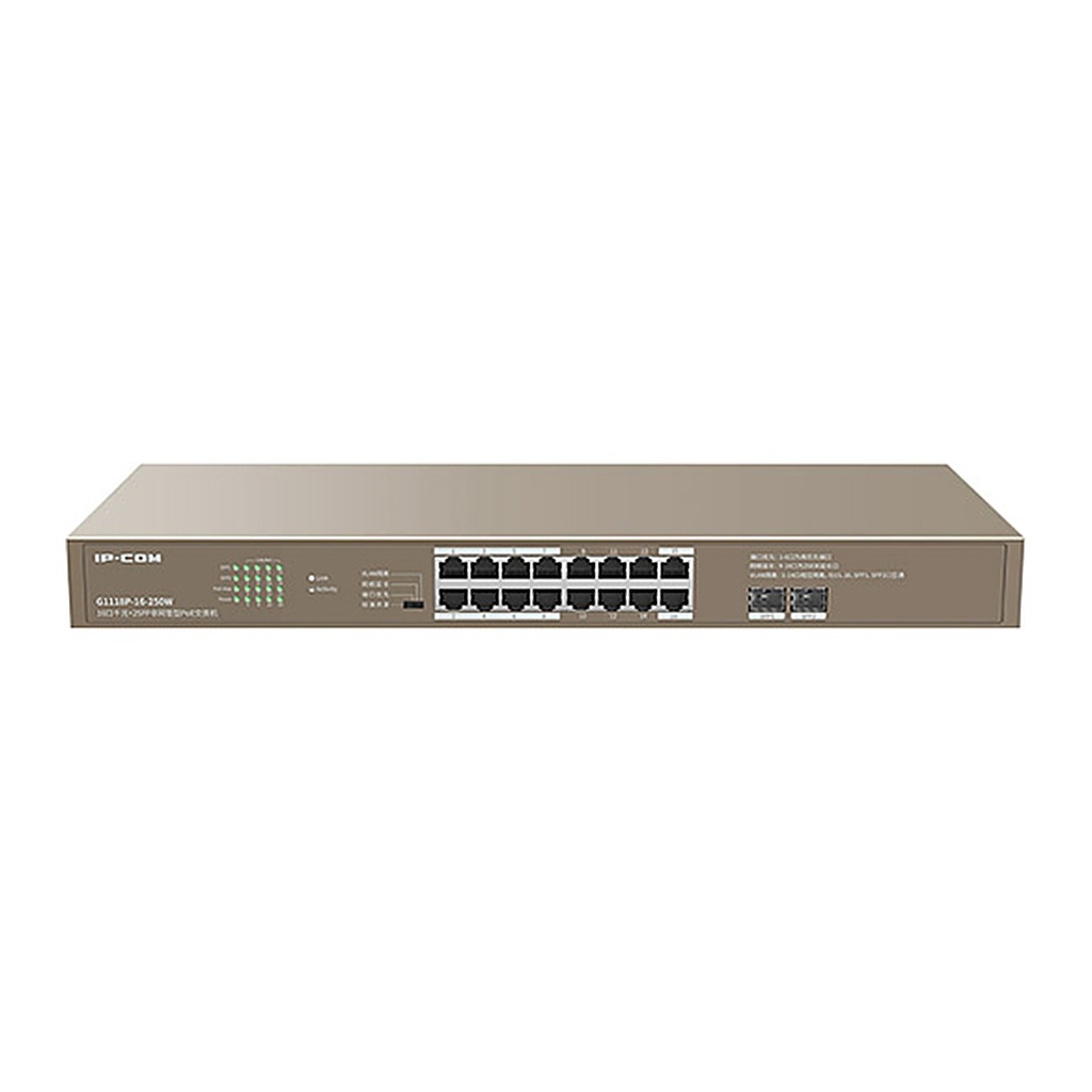 [G1118P-16-250W] IP-COM G1118P-16-250W 16-Port Gigabit PoE Rack Switch, 2 SFP Uplinks, 230W PoE